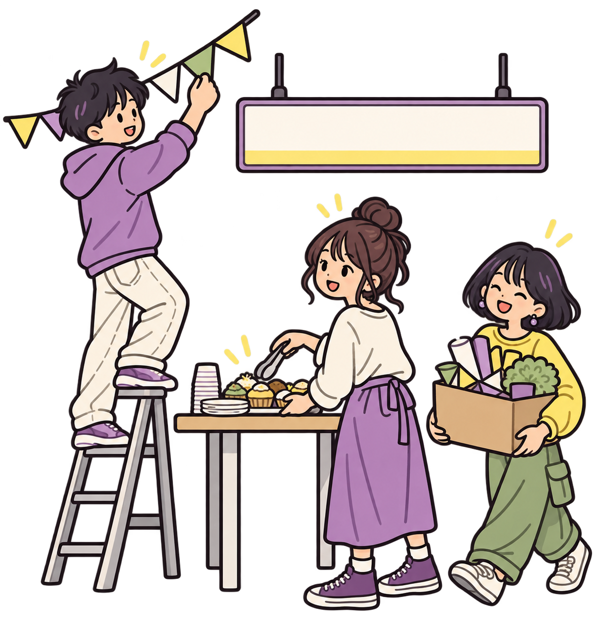 若者たちがイベント準備をして行動するイラスト